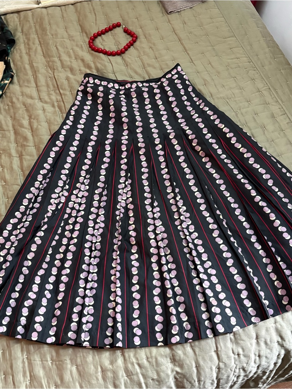 Vintage Black Pleated Skirt with Lavender and White Polka Dots, thin Red Stripes